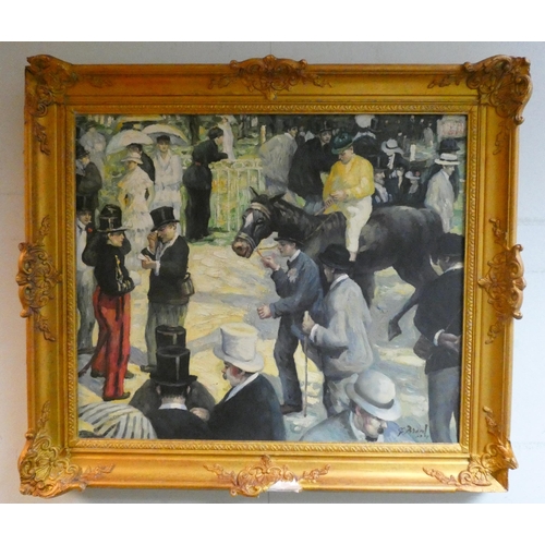 274 - 20th century oil on board post impressionistic painting depicting the enclosure at racetrack, signed... 