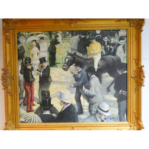 274 - 20th century oil on board post impressionistic painting depicting the enclosure at racetrack, signed... 