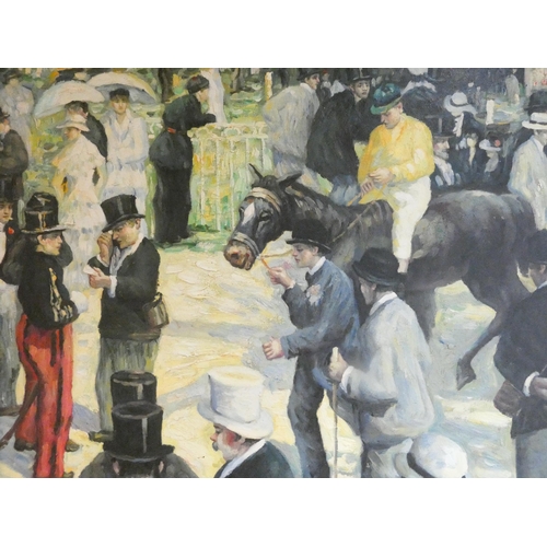 274 - 20th century oil on board post impressionistic painting depicting the enclosure at racetrack, signed... 