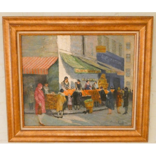 275 - An early 20th century painting depicting a street market in France signed lower right Bern-Klene, ap... 