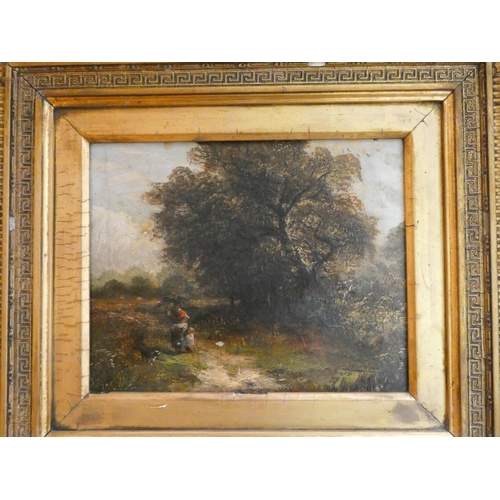 278 - A late Victorian oil on canvas panting depicting lady gathering wood on a woodland path with child a... 