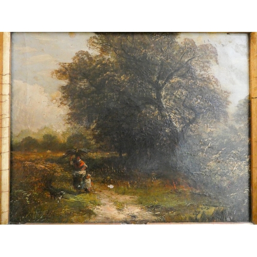 278 - A late Victorian oil on canvas panting depicting lady gathering wood on a woodland path with child a... 