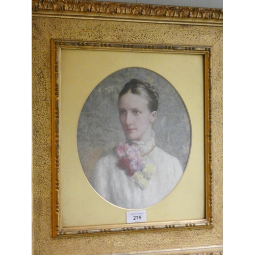 279 - A watercolour portrait of a late Victorian lady, monogrammed CJM dated 1881, in a gilt frame and gla... 