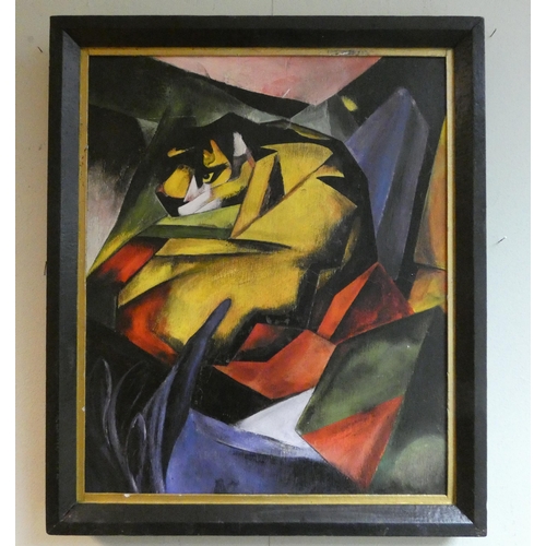 285 - Oil on board cubist picture depicting a tiger in a black and gilt frame, image size 15