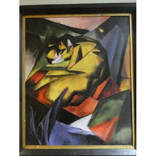 285 - Oil on board cubist picture depicting a tiger in a black and gilt frame, image size 15