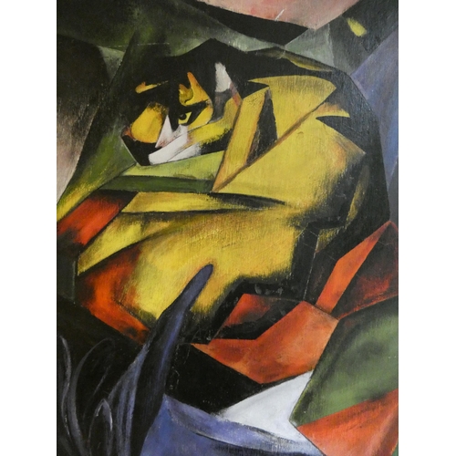 285 - Oil on board cubist picture depicting a tiger in a black and gilt frame, image size 15