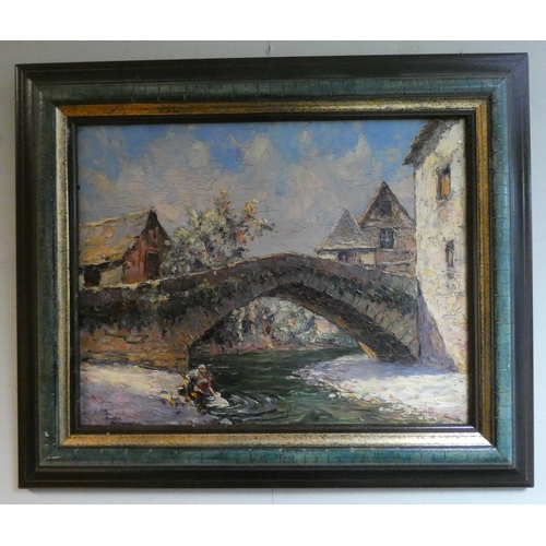 287 - Andre Beronneau - picture of the old port at Estaing 1932, signed lower left, oil on board, image si... 