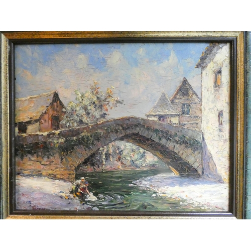 287 - Andre Beronneau - picture of the old port at Estaing 1932, signed lower left, oil on board, image si... 