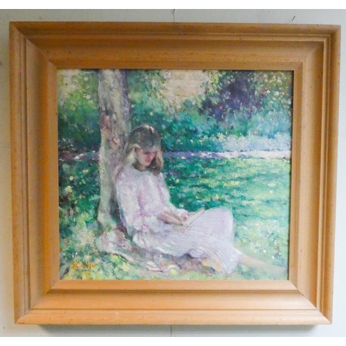 288 - An impressionistic portrait of a girl reading beneath an apple tree signed S Gardner, oil on board, ... 