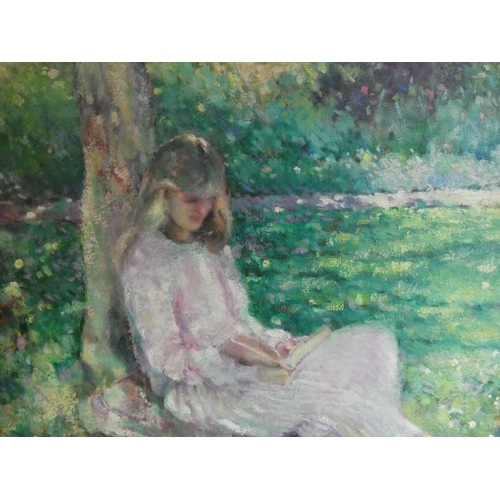 288 - An impressionistic portrait of a girl reading beneath an apple tree signed S Gardner, oil on board, ... 