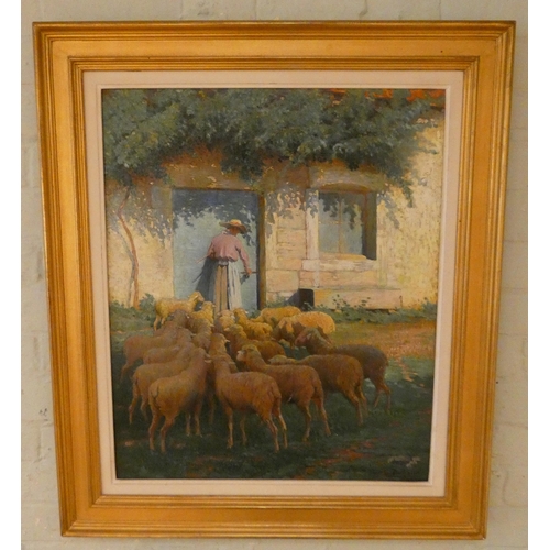 289 - L Dugand 1890-1950, large signed and dated oil on canvas depicting  a shepherdess and sheep, signed ... 