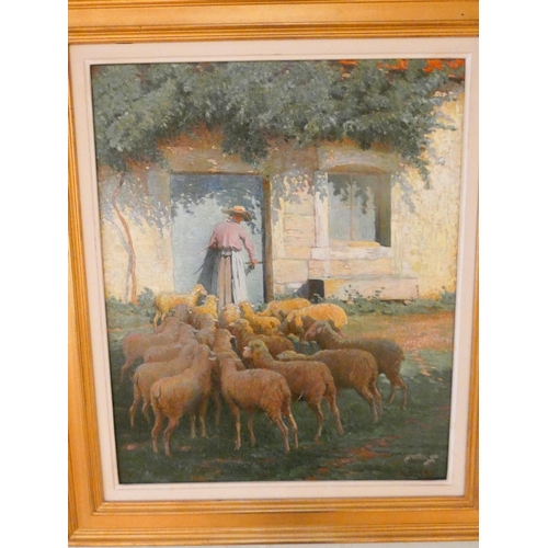 289 - L Dugand 1890-1950, large signed and dated oil on canvas depicting  a shepherdess and sheep, signed ... 