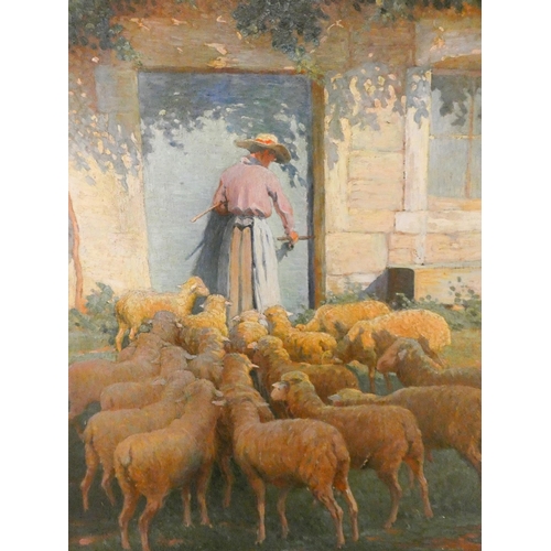 289 - L Dugand 1890-1950, large signed and dated oil on canvas depicting  a shepherdess and sheep, signed ... 