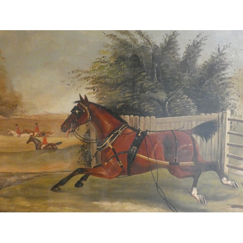 294 - A Victorian oil painting by Thomas Wilson dated 1882 depicting a carriage horse 'Joining the Hunt', ... 