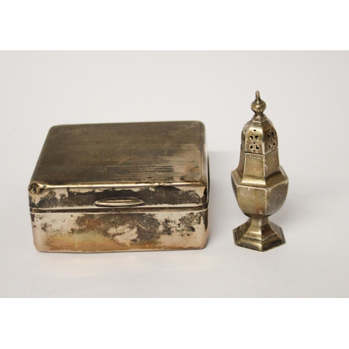 501 - A silver covered cigarette box and a silver pepperette