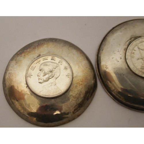 505 - Two silver pin trays, bases inset with coins