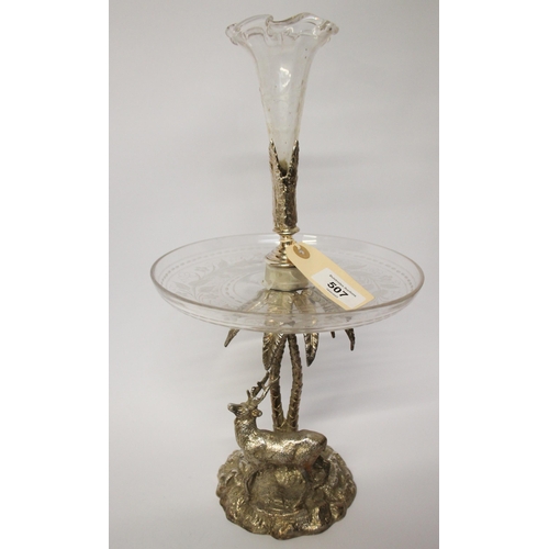 507 - A Victorian silver plated table centrepiece epergne. The silver-plated base modelled as a deer benea... 