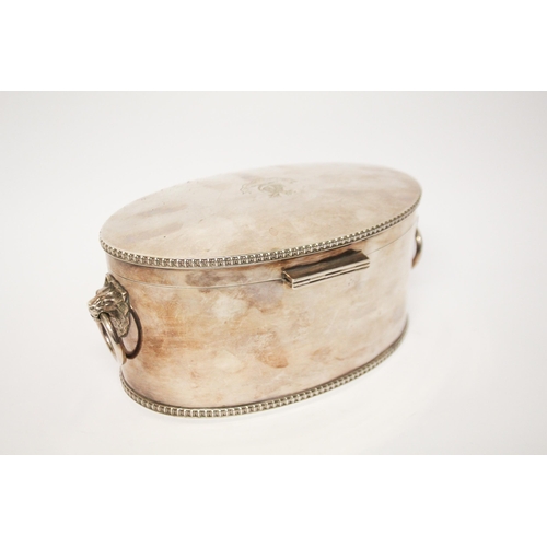 525 - A silver oval biscuit box, quite plain with simple beaded borders, stand-away hinged cover and well-... 