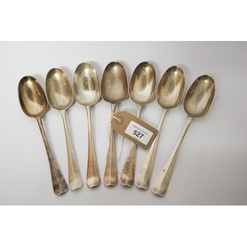 527 - Seven rat tail table spoons,  London marks 1959. Gross weight 16 troy ounces