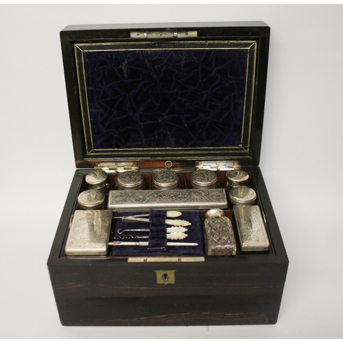 531 - Victorian zebrawood ladies travelling vanity case, with silver plated topped fittings and mother of ... 