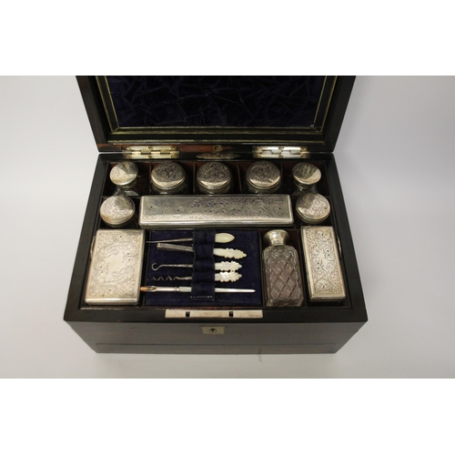 531 - Victorian zebrawood ladies travelling vanity case, with silver plated topped fittings and mother of ... 