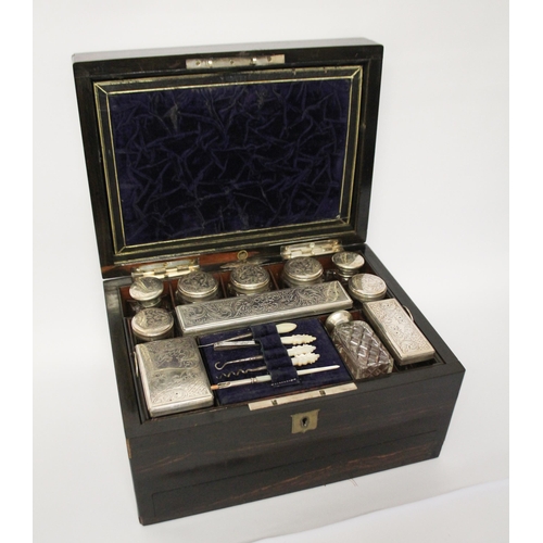 531 - Victorian zebrawood ladies travelling vanity case, with silver plated topped fittings and mother of ... 