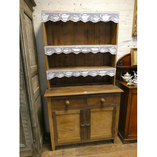 61 - A stripped and waxed pine kitchen dresser with drawer and cupboards under, 3'6 wide