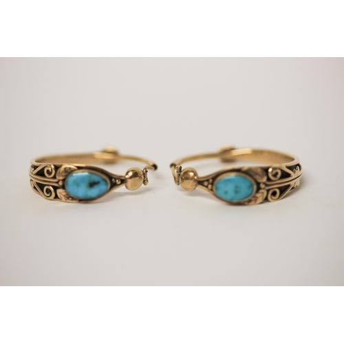 620 - A pair of 9ct gold large hoop earrings set with turquoise, hallmarked, 10.1gms