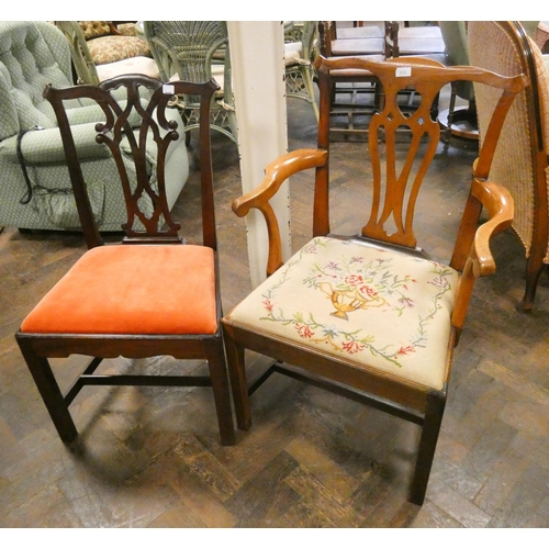 182 - A Chippendale style mahogany elbow chair with tapestry seat and a Chippendale style dining room chai... 