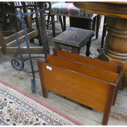 106 - A teak magazine rack, small oak stool and an iron stand