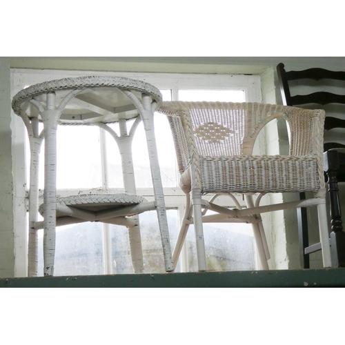 12 - A white Lloyd Loom style tub shaped elbow chair and a similar two tier table