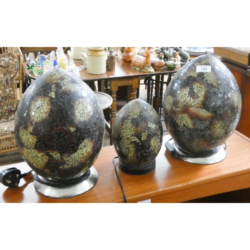 124 - Three mosaic crackle glass egg shaped table lamps