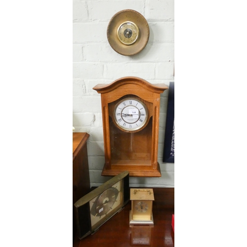 144 - Quartz wall clock, two mantle clocks and barometer