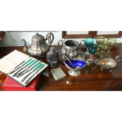 147 - Plated teapot, cases of cutlery, sauceboats, wine glasses, hip flask etc