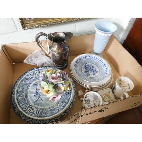 151 - Assorted blue and white and other plates, commemorative mugs, plated water jug etc