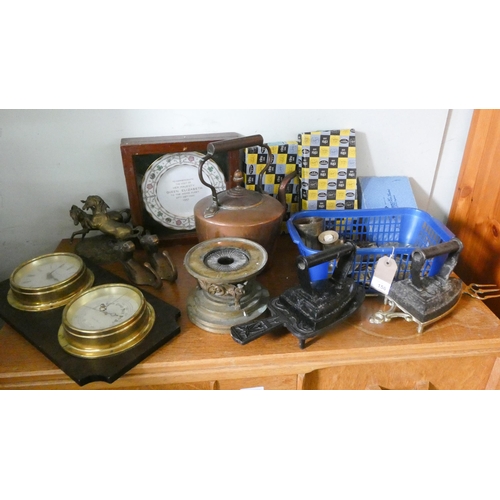 156 - Ships clock and barometer, copper kettle, irons, brasses and other metal ware etc