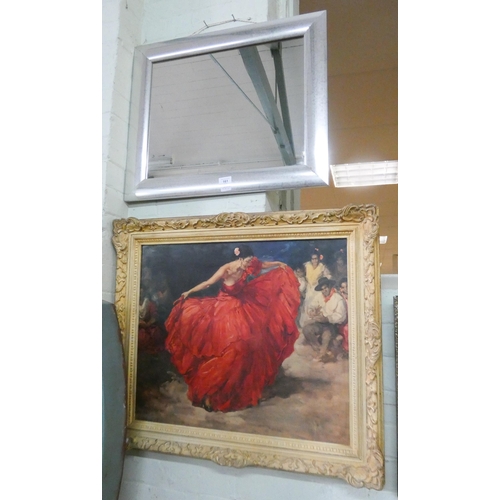 161 - A framed picture of a Flamenco dancer and a mirror in silver frame