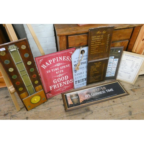 164 - Various old pub price lists, framed cigarette cards, advertising picture etc