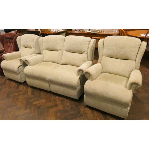 234 - A two seater settee three piece lounge suite in green mottled covering, settee come in two sections