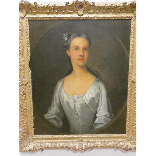 280 - Oil on canvas English school half-length portrait of a Georgian lady with flowers in her hair in a l... 