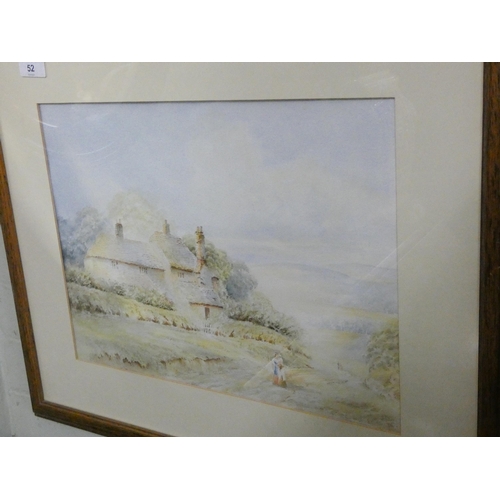 52 - Watercolour of country cottage scene with figures in the lane, signed D C Summer