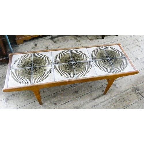 6 - A long teak tile top coffee table