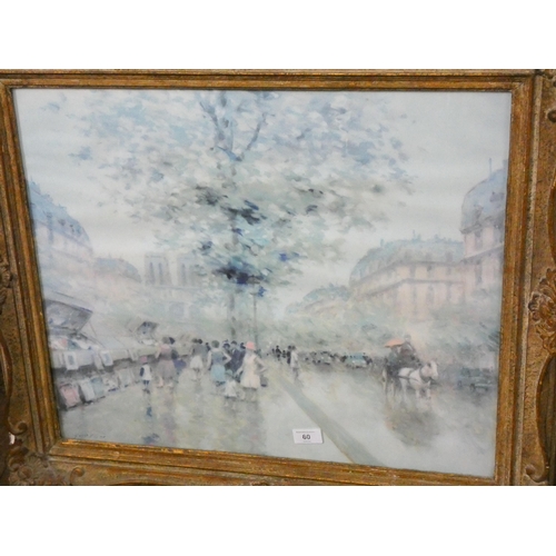 60 - A framed coloured print of Parisian street scene