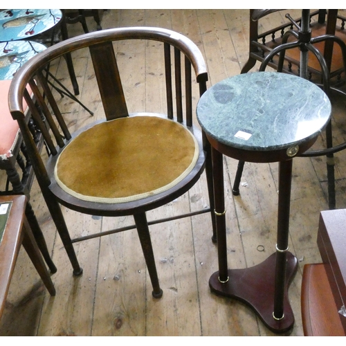 73 - An Edwardian oval inlaid mahogany elbow chair and a two tier plant stand with marble top