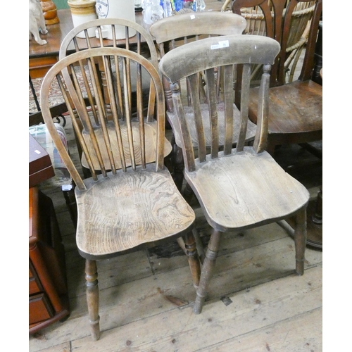 76 - Three various Windsor stick back kitchen chairs and one slat back chair