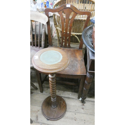 77 - An antique mahogany panel seat chair and a twist column plant stand