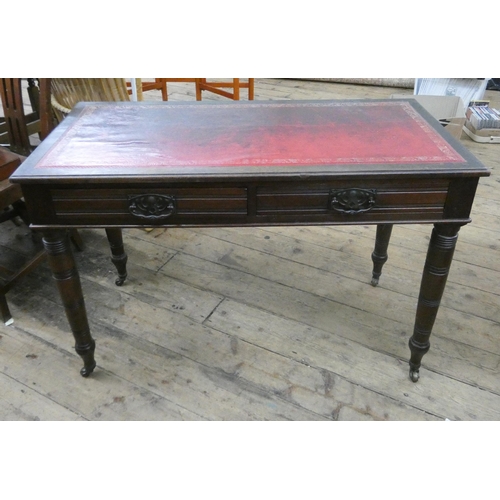 81 - An Edwardian mahogany writing table with inset red leather top, fitted with two drawers, 3'9 wide