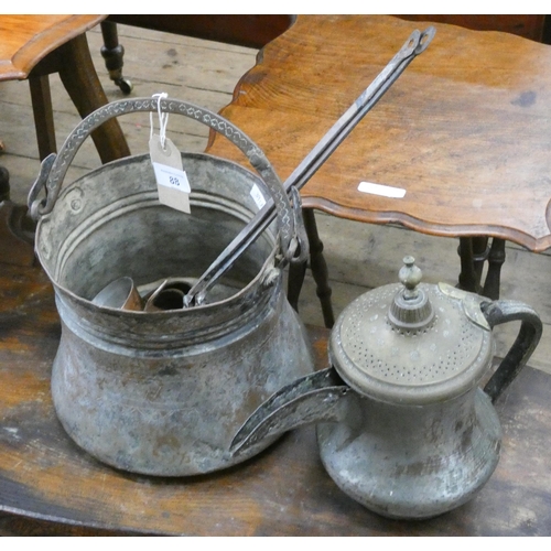 88 - A copper elephants foot bowl, Turkish coffee pot and three small copper saucepans