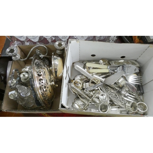 97 - Assorted plated cutlery, fish servers, candelabra, cruet, fruit basket and other plate