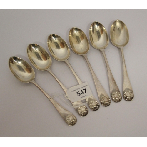 547 - A set of six silver shell pattern dessert spoons, 5 oz troy approx. London 1895